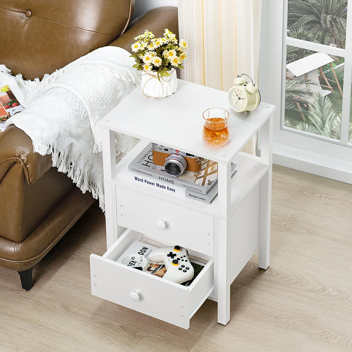 Lerliuo White Night Stand, Small Nightstand with 2 Wood Drawers and Storage Shelf, Modern Bedside Table with Wooden Frame, Rustic Couch Nightstand for Small Spaces, Narrow End Tables for Bedroom Lerliuo