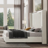 Jocisland Queen Size Bed Frame with 58" Tall Headboard, Platform Velvet Upholstered Bed with Channel Tufted Wingback Headboard and Plating Trim, No Box Spring Needed, White Cream Jocisland