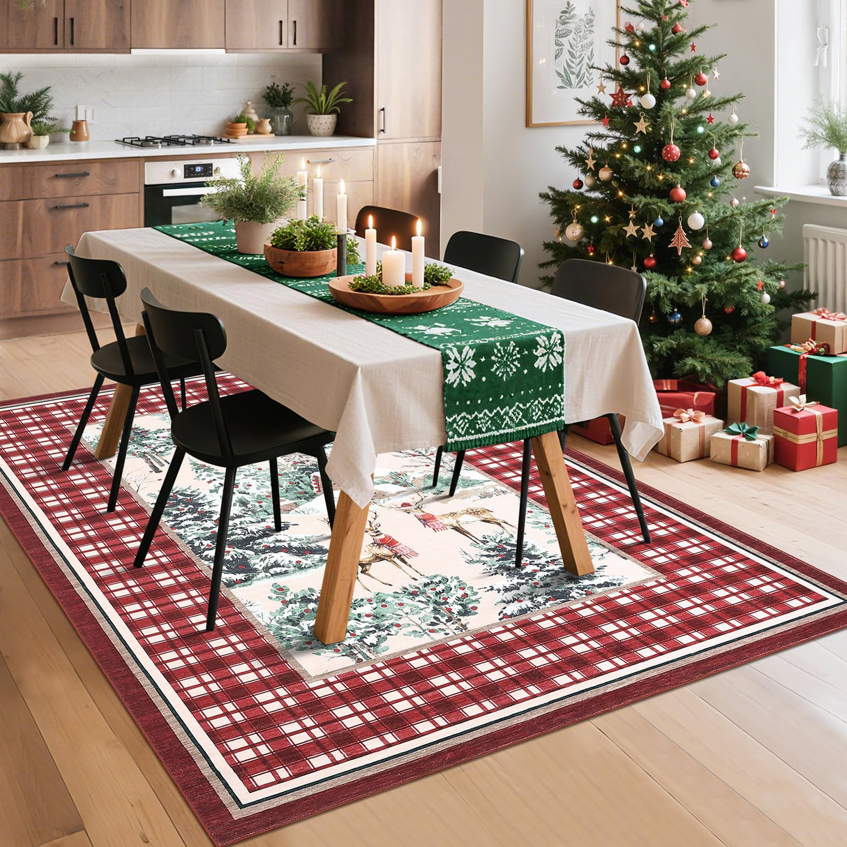 GarveeHome Christmas Washable Rug for Living Room, 6x9 Holiday Decor Area Rug for Bedroom Soft Low Pile Christmas Tree and Deer Rug Non Slip Throw Large Carpet for Dining Room Nursery, Red GarveeHome