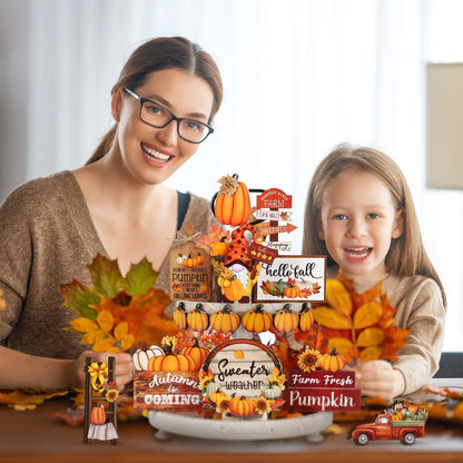 16 Pcs Fall Tiered Tray Decor Pumpkin Gnome Truck Wooden Signs Fall Table Decorations Centerpieces Farmhouse Thanksgiving Decor for Home Autumn Harvest Table Shelf Decor - WoodArtSupply