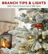 DWVO 4.5 FT Potted Slim Pre-lit Flocked Arctic Fir Pencil Tree, Potted Christmas Tree with 11 Red Hollies, 358 PE & PVC Branch Tips, and 100 Lights for Home and Office Decor DWVO