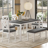 Zevemomo 6-Piece Solid Wood Dining Table Set, Including 1 Dining Table, 4 Upholstered Chairs and 1 Bench, Wooden Legs Dining Table Set for Dining Room, Kitchen, Restaurant, White Zevemomo