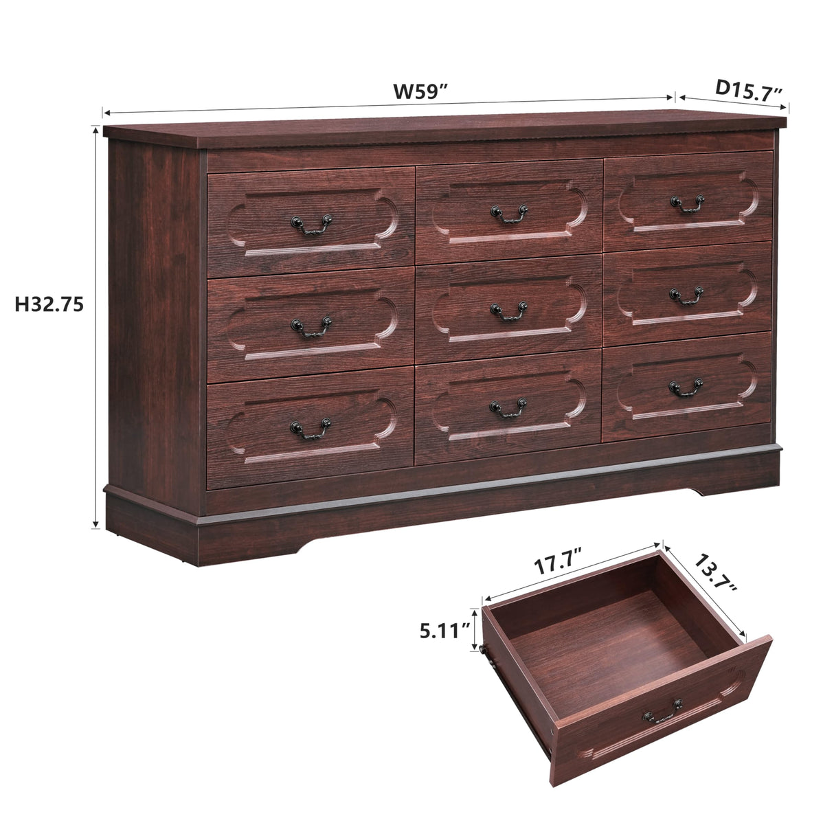 LIDYUK 9 Drawer Dresser for Bedroom Farmhouse Cherry Tall Wood Chest of Drawers for Bedroom Dresser, Modern Rustic 59" Wide Drawers Dressers Wooden Closet and Storage Cabinet, Hallway, Living Room LIDYUK