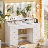 Vanity Desk with Large Lighted Mirror 10 Led Lights,43.3"Large Makeup Vanity with 9 Drawers,Power Outlet,Makeup Dressing Table with Crystal Handles,Christmas Vanity Table for Women Girls (White) DINGIPP