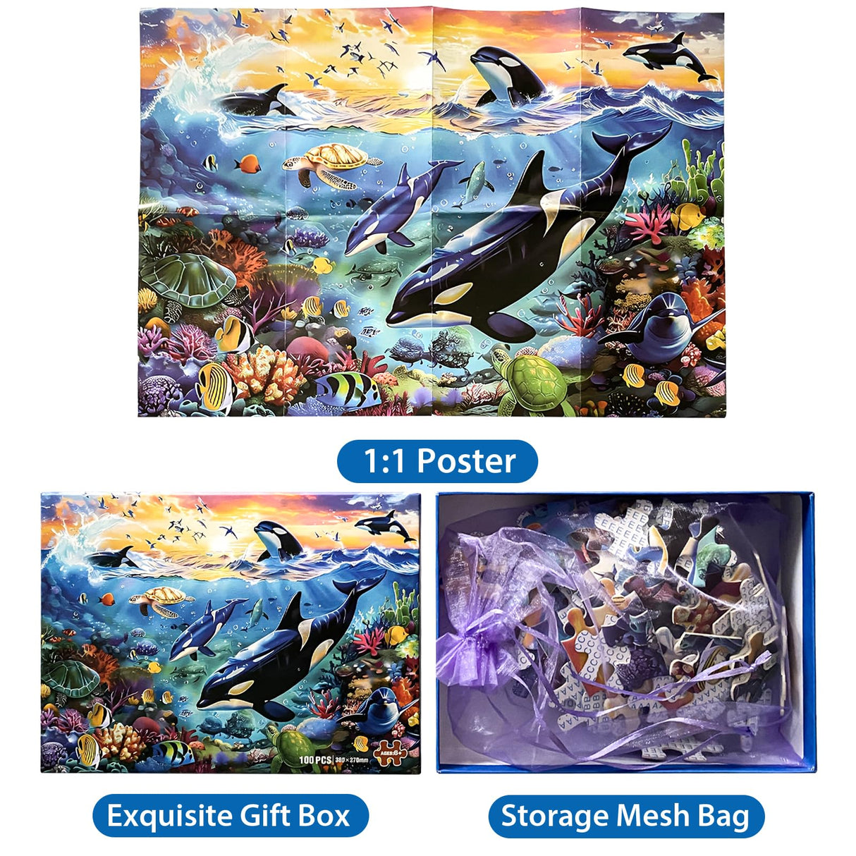 100 Piece Puzzles for Kids Ages 6-8 8-10 - Killer Whales Orca - 100 Piece Jigsaw Puzzle for Senior Ocean Jigsaw Puzzle for Toddler Children Learning Educational Puzzles Toys for Boys and Girls Jeacirio