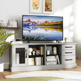 Tangkula Farmhouse TV Stand for 75 Inch TVs, 63” Media Console Table with 3 Drawers, 2 Glass Shelves & Cable Holes, Modern Wooden Entertainment Center for Living Room, Bedroom (Gray) Tangkula