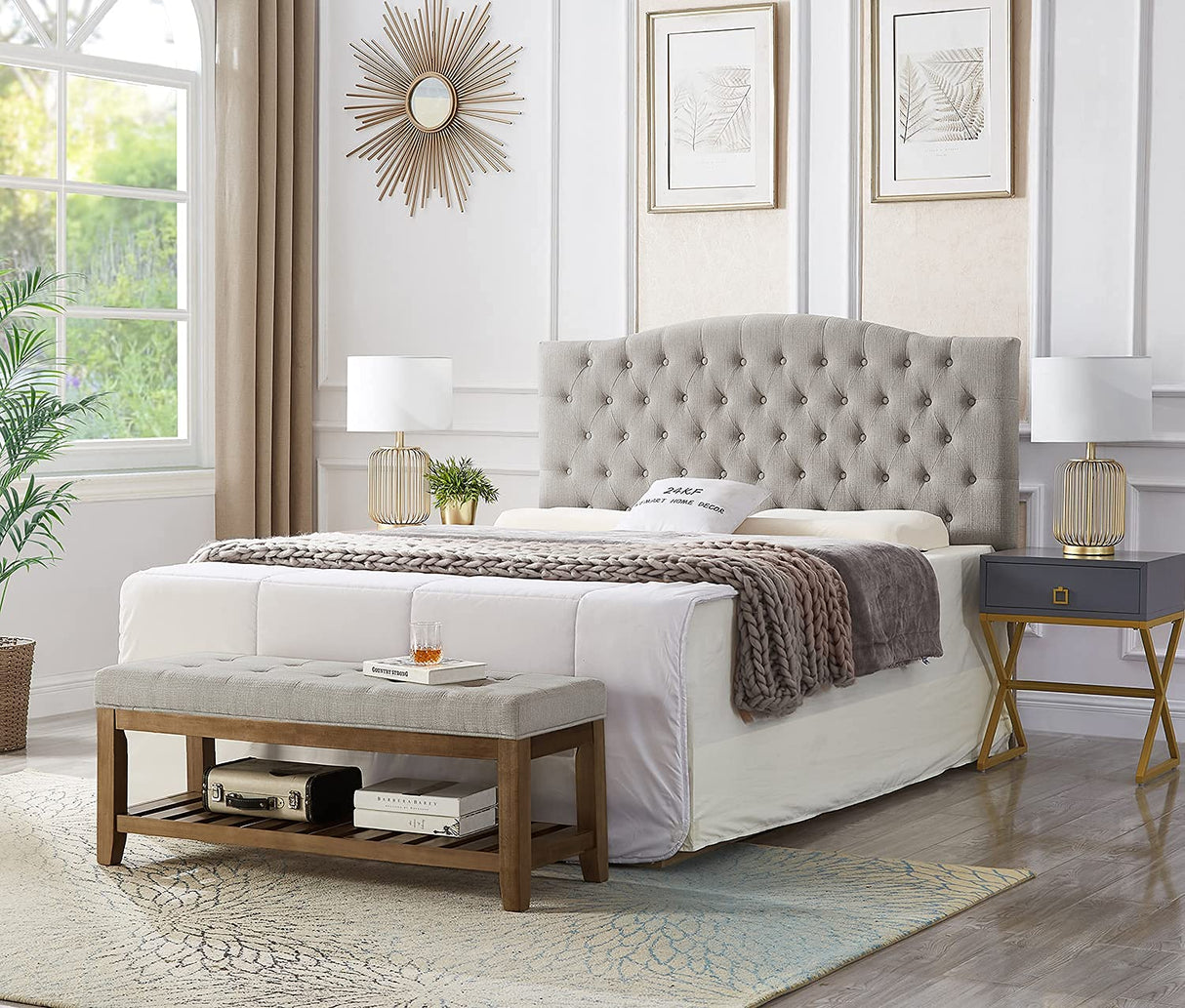 24KF Large Rectangular Upholstered Tufted Linen Fabric Ottoman Bench, Padded Bench with Solid Wood Shelf-Linen 24KF