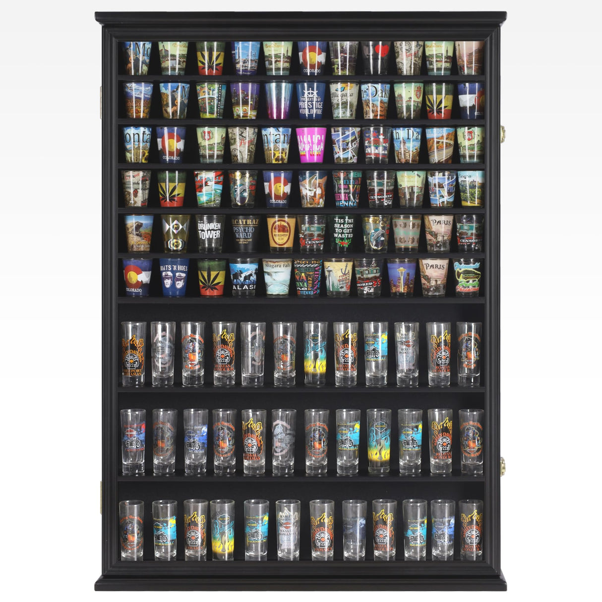 Large 144 Shot Glass Display Case Rack Solid Wood Cabinet Holder Wall Curio Cabinet Shadow Box for Action Figures Small Figurines - Lockable with UV WoodArtSupply