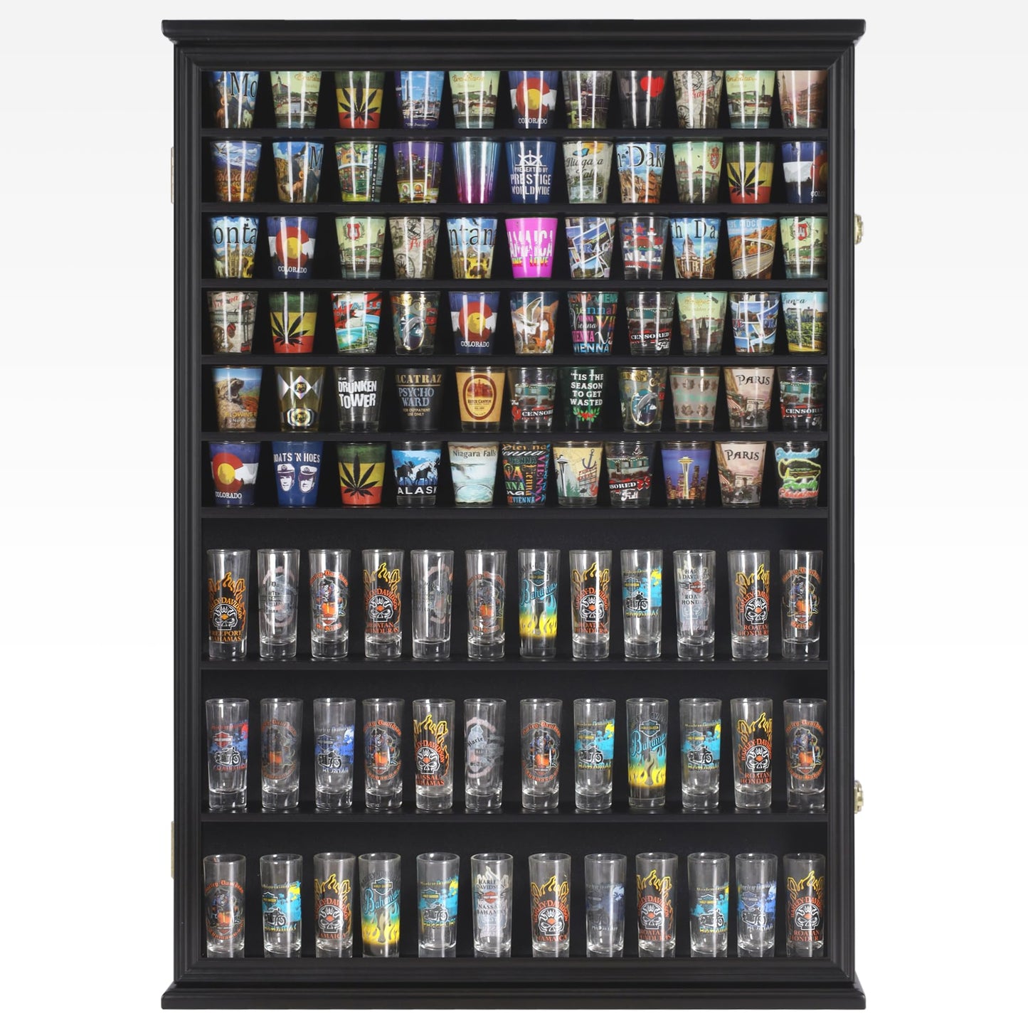 Large 144 Shot Glass Display Case Rack Solid Wood Cabinet Holder Wall Curio Cabinet Shadow Box for Action Figures Small Figurines - Lockable with UV - WoodArtSupply