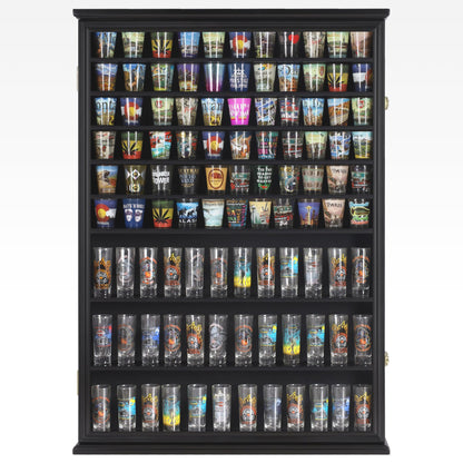 Large 144 Shot Glass Display Case Rack Solid Wood Cabinet Holder Wall Curio Cabinet Shadow Box for Action Figures Small Figurines - Lockable with UV - WoodArtSupply