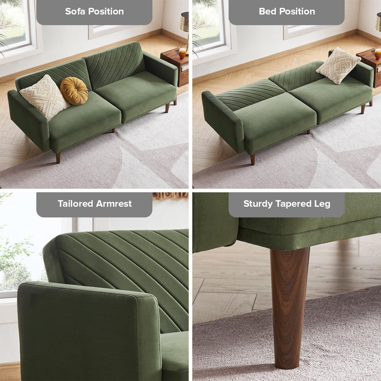 mopio Futon Sofa Bed, Couch, Small Sofa, Sleeper Sofa, Loveseat, Mid Century Modern Futon Couch, Sofa Cama, Couches for Living Room (Olive Green Premium Velvet) mopio