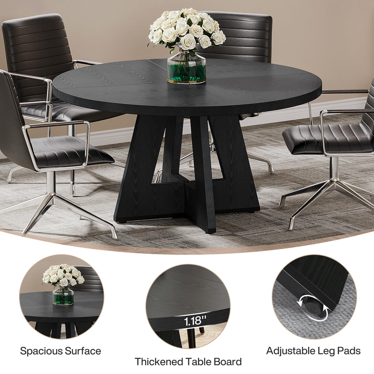 Tribesigns 47-Inch Round Conference Table for 4-6 People, Wooden Meeting Room Table with Thicken Tabletop and Wood Base, Modern Meeting Training Desk for Conference Room Seminar Room (Black) Tribesigns