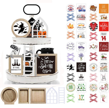 Farmhouse Christmas Tiered Tray Decor Set Year Round Seasonal Interchangeable Holiday Rustic Wooden Frames with Cards Ladder for Home Kitchen Table Decorations Centerpiece CRCZK