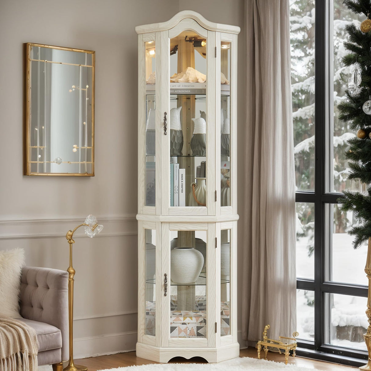 CKEASEAN Corner Curio Cabinet, 70.5" H Lighted Glass Display Case with 5 Adjustable Tempered Glass Shelves, Light Bulb Included, Wine Cabinet Rack for Bar and Liquor Storage (White) CKEASEAN