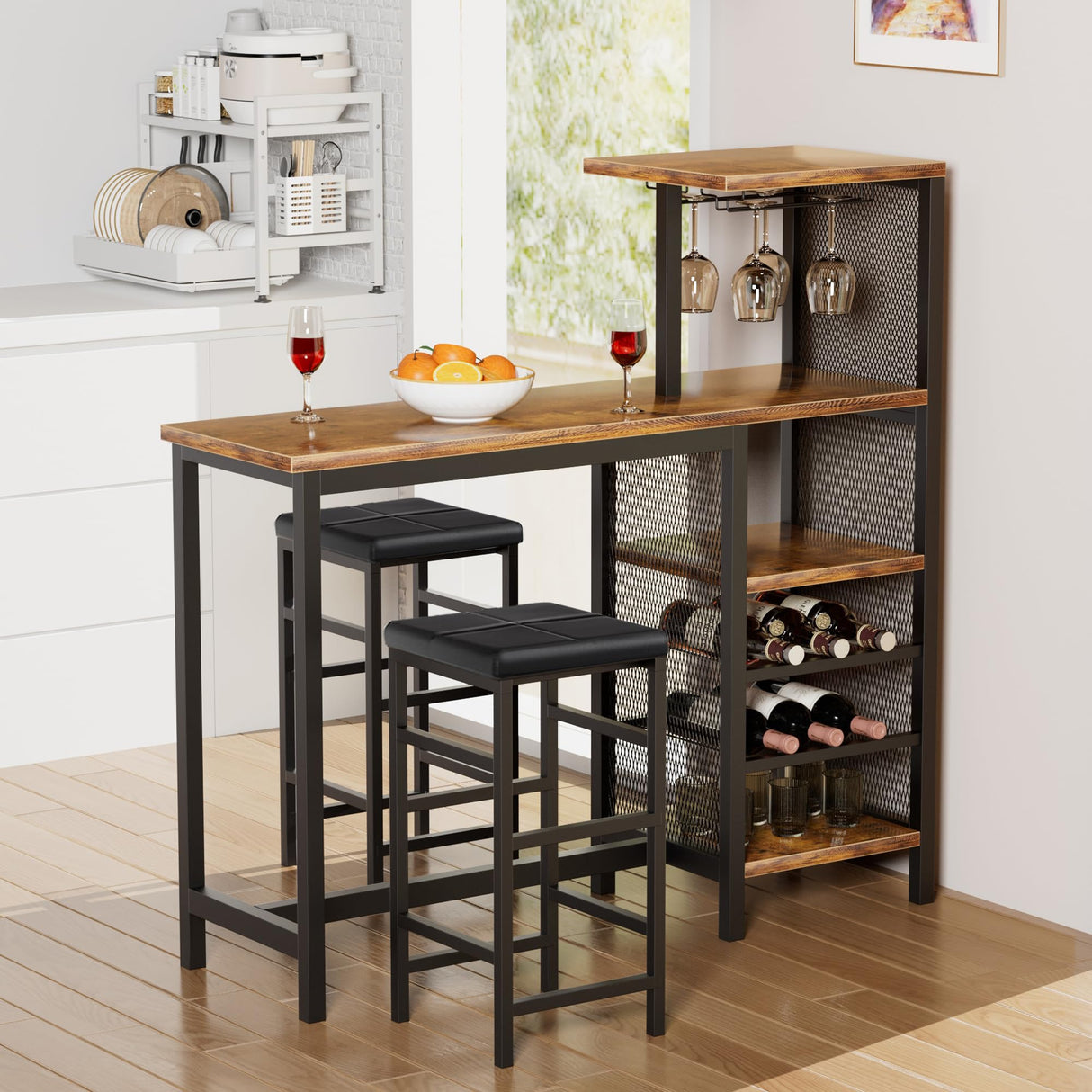 VECELO Bar Table and Chairs Set for 2, 3-Piece Dining Set with Storage Shelves, Cup Holder & Wine Rack, PU Leather Cushion Stools, for Kitchen Small Space, Brown VECELO