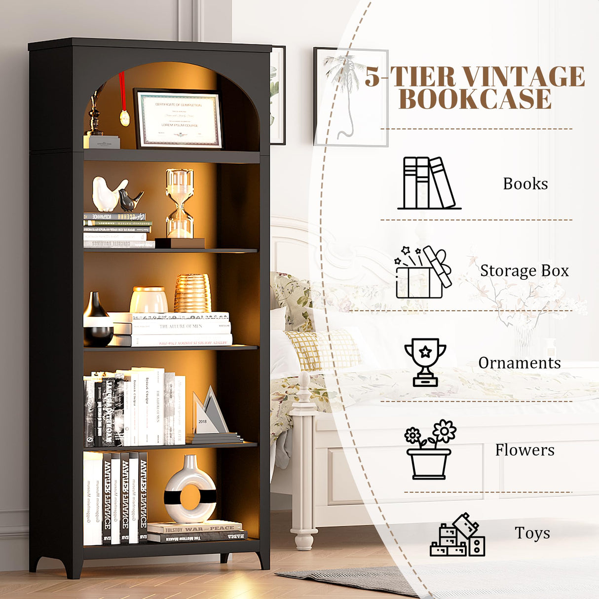 jajov 2pc Bookshelf with LED Light, 70“ Tall Bookshelves and Bookcases Floor Standing, 5 Tier Book Shelf Wooden Bookcase Multipurpose Bookshelf for Home Office, Living Room -Black jajov