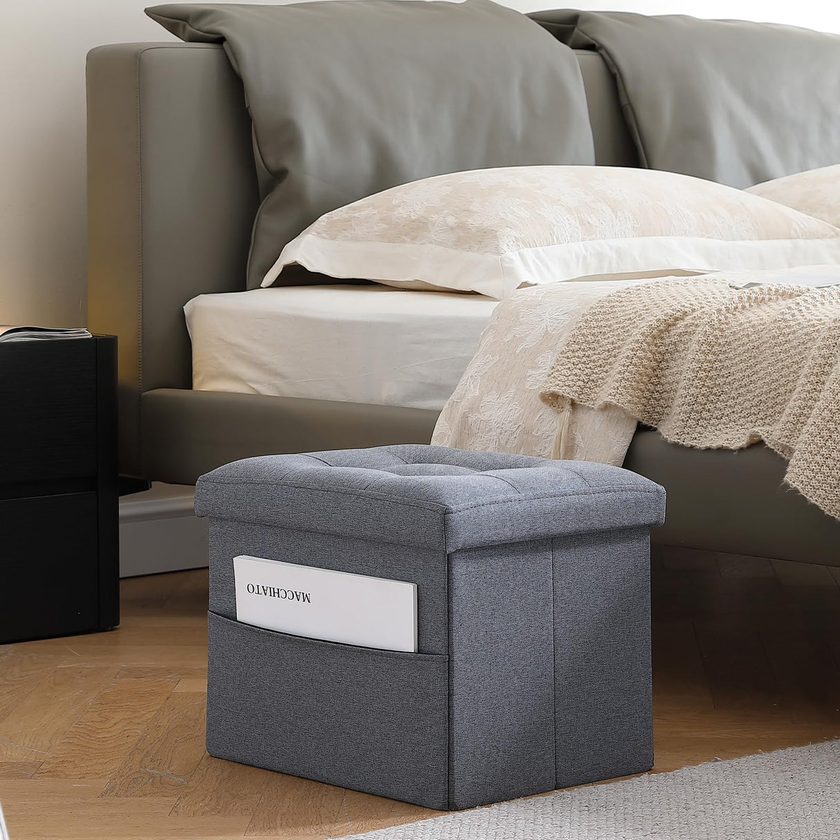 Hamgtrion Ottoman Storage Ottoman Collapsible Ottoman with Storage Foot Rest Small Ottoman with Side Pocket Foot Stools for Living Room Grey L17W13H13inches Hamgtrion