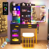 WOOVIVS RGB Vanity Desk with Sliding Mirror and Lights, LED Makeup Vanity with Charging Station/Motion Sensor Light, Glass Top Vanities Dressing Table Set with Jewelry Box,6 Drawers,Stool (Black) WOOVIVS