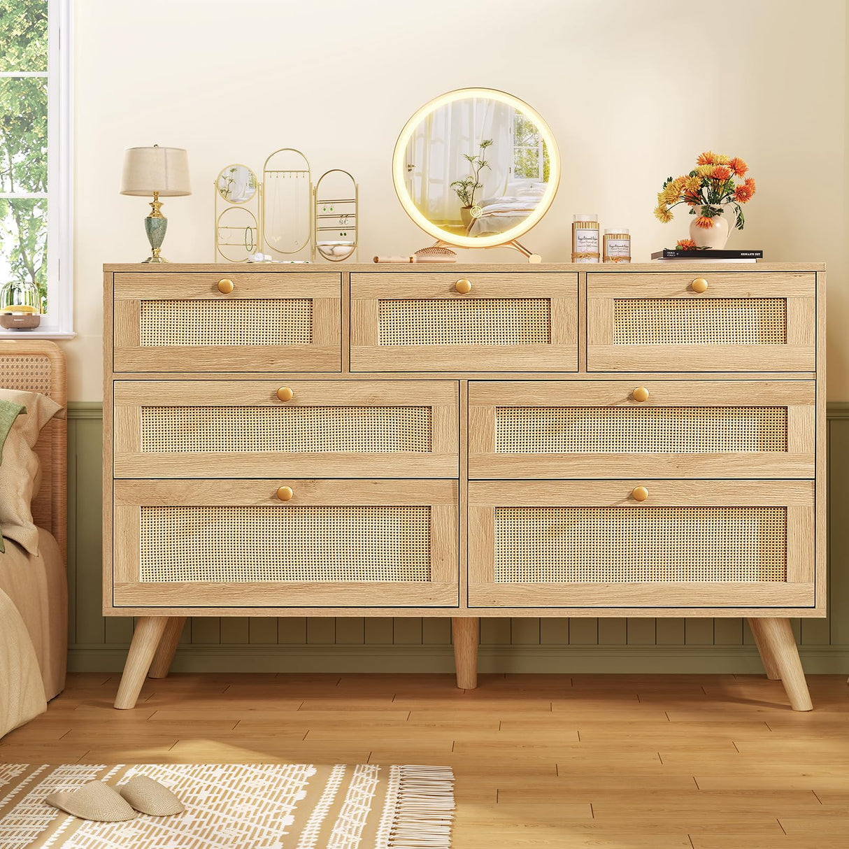 TEENFON 47.2''Wide 7 Drawer Rattan Dresser, Boho Dresser for Bedroom, Chest of Drawers, Closet Organizer, Natural Wood Dressers Chest for Bedroom, Living Room, Entryway, Natural TEENFON