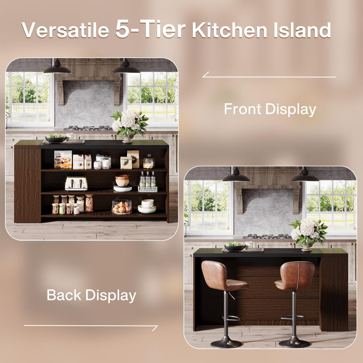 Tribesigns 55" Kitchen Island with Storage, Farmhouse 5-Tier Stationary Island Table with 5 Shelves, Wood Coffee Bar Table Storage Cabinet with Large Countertop for Kitchen, Dining Room Tribesigns