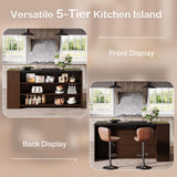 Tribesigns 55" Kitchen Island with Storage, Farmhouse 5-Tier Stationary Island Table with 5 Shelves, Wood Coffee Bar Table Storage Cabinet with Large Countertop for Kitchen, Dining Room Tribesigns