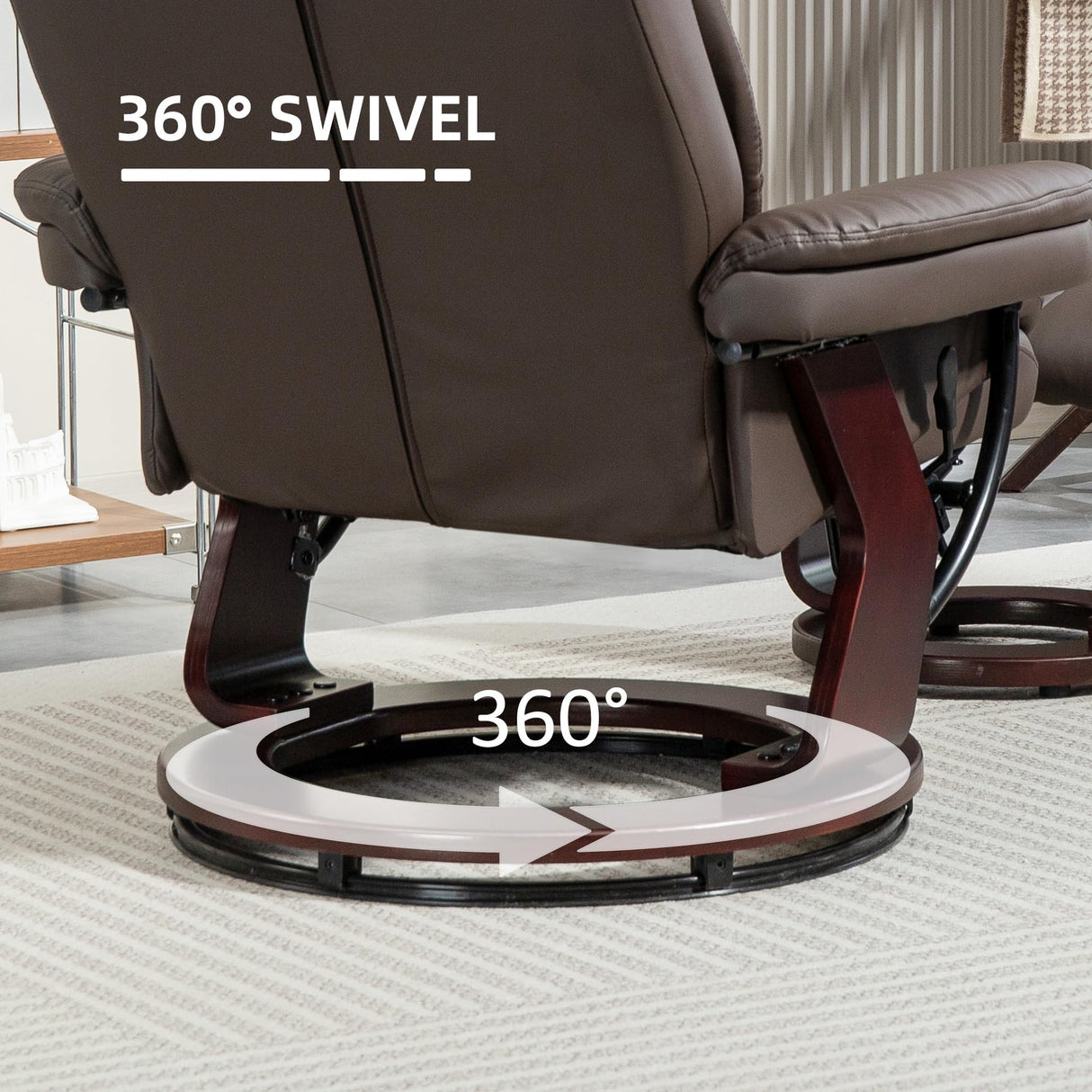 HOMCOM Recliner Chair with Ottoman, PU Leather Swivel Recliner with Comfy Footrest, Upholstered Adjustable Living Room Chair and Ottoman Set, Dark Brown HOMCOM