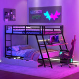 Full Over Full Bunk Bed with LED Lights Heavy Duty Metal Bunk Bed with Desk and Storage Drawers, Game Room Bunk Beds for Small Space, Black MaiDeHaoo