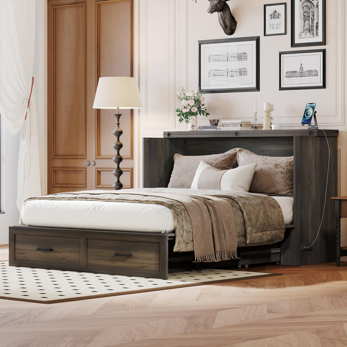 Merax Farmhouse Wood Murphy Bed Chest with Charging Station, Foldable Wall Platform Bed with Storage Drawer/Space Saving/Wood Slat Support/Full, Gray Merax
