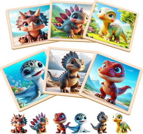 Dinosaur Puzzles for Toddlers 2-4 Years Old，Set of 6 Wooden Puzzles- 9 Pieces for Kids Children Learning Educational Puzzles Toy Gift for Boys and Girls 2 3 4 5 Years Old. JTKDBJZ