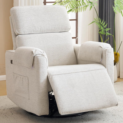 Oversized Power Recliner Chair Swivel Glider with Adjustable Headrest, Swivel Rocking Recliner Chair for Adults, 26" Extra Wide Glider Nursery Chair with Overstuffed Armrest, USB Ports, White