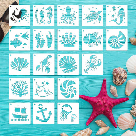 Summer Stencils for Painting, 20PCS 3 Inch Plastic Beach Stencils for Crafts Reusable, Small Stencils for Painting on Wood Canvas Rock, Funny Sea Life Stencils for Home Decor & DIY Projects Felixcraft