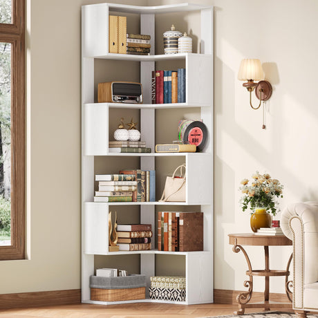 IRONCK Corner Bookshelf, 80.3" Tall Corner Bookcases with Anti-Drop Panel, Corner Shelf Storage Display Rack for Living Room Home Office, White IRONCK