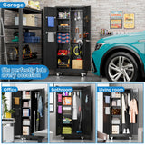 GangMei Garage Storage Cabinet with Wheels and 5 Pegboard, Broom Closet Storage Cabinet with Hanging Rod and 13 Hooks, Metal Cabinets with 4 Shelves for Garage, Home, 71"H x 31.5"W x 15.75"D, Black GangMei