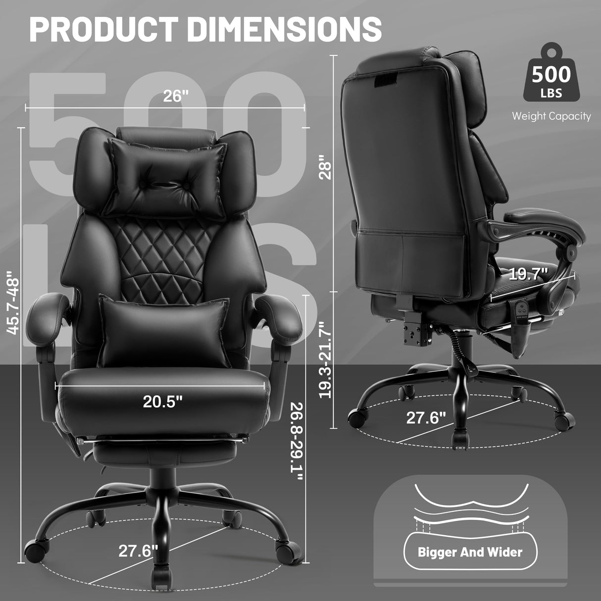 Massage Office Chair with Foot Rest,3D Kneading & Heat Executive Office Chairs,Big and Tall Leather Office Chair 500LBS,Ergonomic Desk Chair for Heavy People,Recliner with Dual-Use Pillow,Black BLISNEST