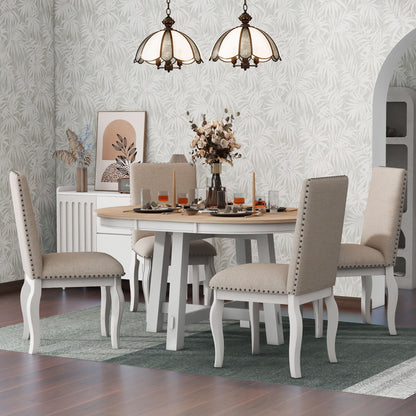 DESIGNER97 5-Piece Farmhouse Dining Table Set, Wood Round Extendable Oval Dining Table and 4 Upholstered Dining Chairs for Dining Room Kitchen Oak+Antique White