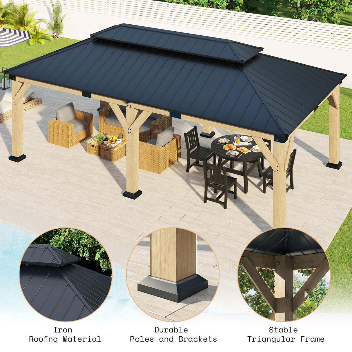 AMERLIFE 12x20 ft Hardtop Gazebo, Spruce Wood Gazebo with Iron Double Roof, Outdoor Pergola with Wood Frame for Garden, Porch, Patio, Charcoal Gray + Brown Gray AMERLIFE