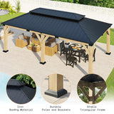 AMERLIFE 12x20 ft Hardtop Gazebo, Spruce Wood Gazebo with Iron Double Roof, Outdoor Pergola with Wood Frame for Garden, Porch, Patio, Charcoal Gray + Brown Gray AMERLIFE