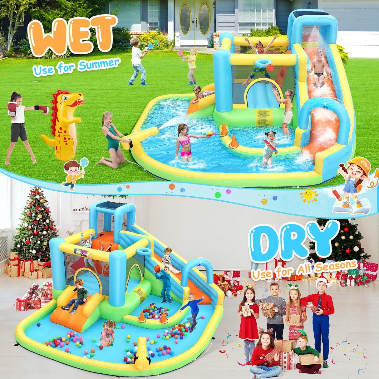 Whubefy 12.8x12FT Water Bounce House for Kids, 13-in-1 Inflatable Water Park with Catch Ball Set/Punching Bag/Toss Rings/Water Soaker Balls/Splash Pool/Water Cannon/Climbing Wall/Basketball Hoop Whubefy