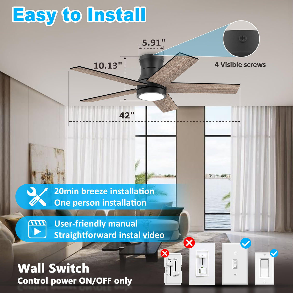 42In Smart Low Profile Ceiling Fan with Lights Remote,Controll by Voice WIFI Alexa App,Quiet DC Motor,Outdoor Indoor Flush Mount Ceiling Fans,Modern Black Walnut Fan for Bedroom Patio Porch Lorpies