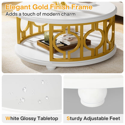 Tribesigns Round Coffee Table, 2-Tier Circle Coffee Table with Storage Shelf, Modern Center Table for Living Room & Office, White and Gold - WoodArtSupply