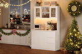 71" Pantry Cabinet with LED Lights & Charging Station, Kitchen Storage Hutch with Adjustable Glass Door Shelves, Microwave Stand, Modern Cabinet for Home, Dining Room, or Compact Kitchen Loumernhant