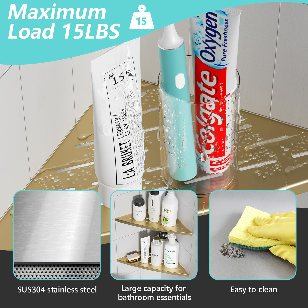 Qeke Corner Shower Shelf Brushed Golden, 304 Stainless Steel 11.5” Recessed Corner Shelf Bathroom for Tiled Wall, Floating Shower Shelves Shampoo Holder, No Drilling, 2 Pack Qeke