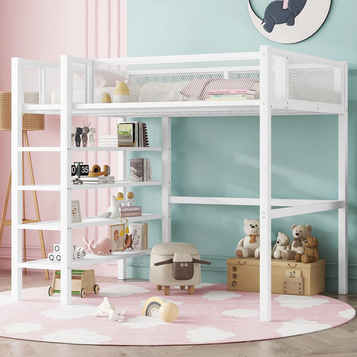 Bellemave Full Size Loft Bed with 4-Tier Shelves and Storage, Metal Loft Bed with Bookshelf, Full Size Loft Bed with Storage Stairs(White) Bellemave
