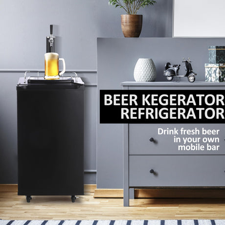 PioneerWorks Beer Kegerator, Single Tap Draft Beer Dispenser, Full Size Stainless Steel Keg Refrigerator With Drip Tray, CO2 Cylinder, 32°F- 50°F Temperature Control PioneerWorks