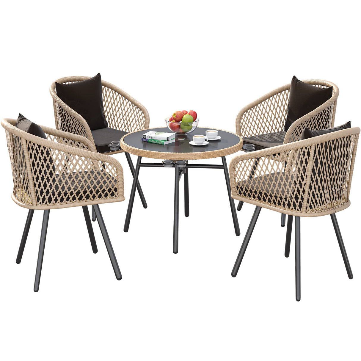 YITAHOME 5-Piece Outdoor Dining Set with Umbralle Hole, Rattan Patio Dinging Set for 4 with Cup Holders Soft Cushions and Glass Top Dining Table for Backyard Deck Bacony (Light Brown + Black) YITAHOME