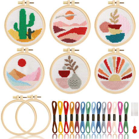 ZOIIWA 6PCS Cross Kits for Beginners DIY Embroidery Kit for Kids Adults Boho Cross Kits Christmas Birthday Gift Abstract Landscape Needlepoint Patterns with 2 Embroidery Hoops Craft Supplies ZOIIWA
