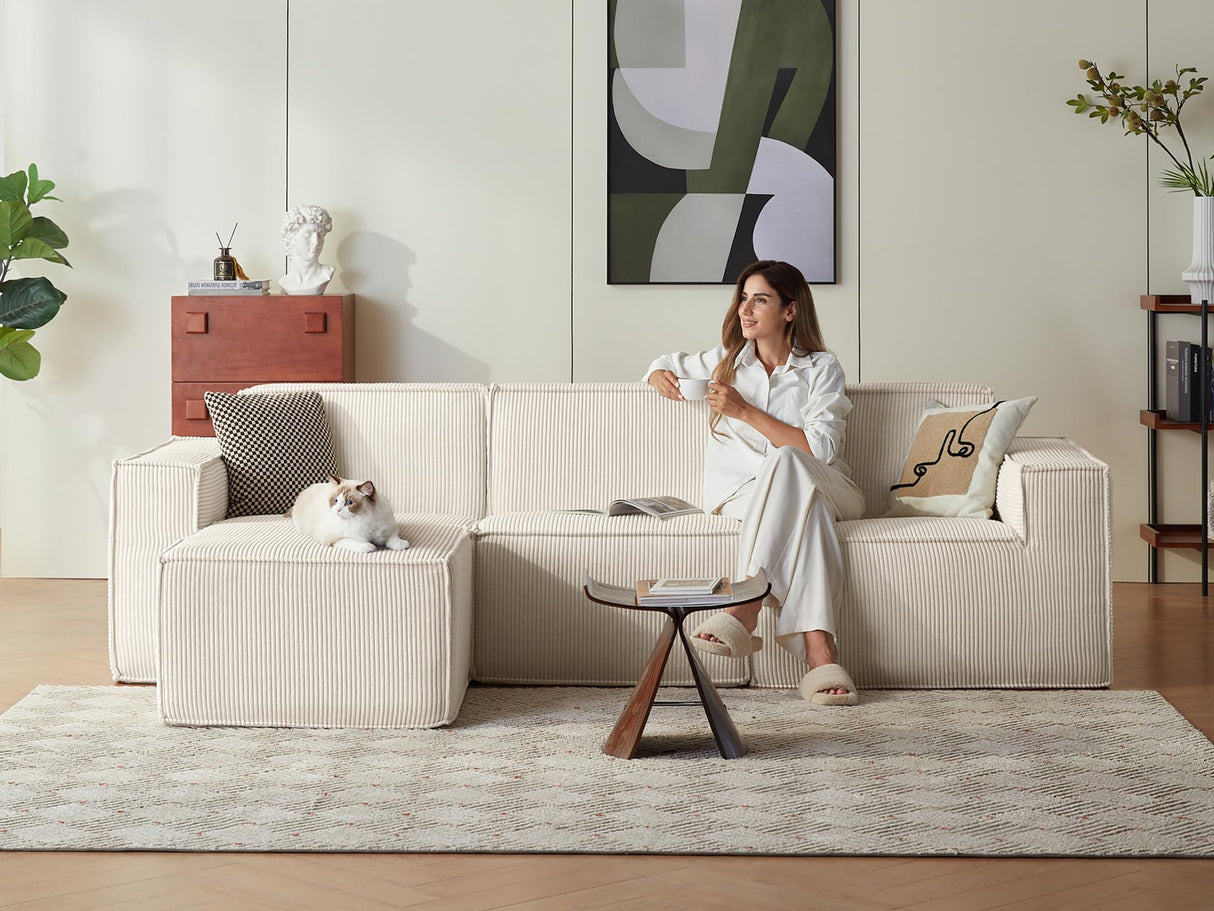 LINSY HOME Oversized Deep Modular Sectional Sofa, Cloud Couch L Shaped 3-Seat Sofa with Ottoman, Corduroy Sectional Couches for Living Room, No Assembly Required, Green LINSY HOME