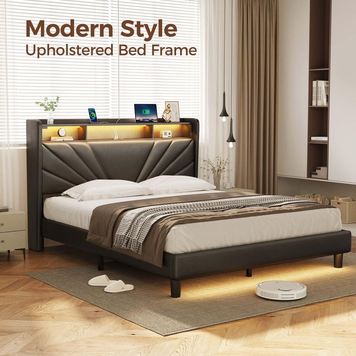 Rolanstar Full Size Bed Frame, Storage Headboard with Charging Station and LED Lights, Upholstered Bed with Heavy Duty Wood Slats, No Box Spring Needed, Noise Free, Easy Assembly, Black Rolanstar