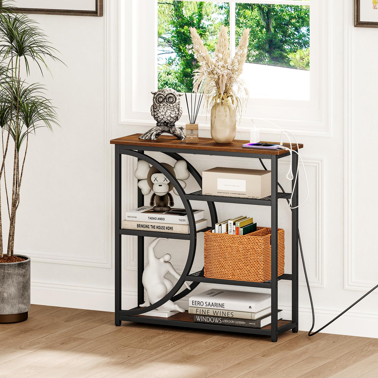 Snughome Entryway Table, Console Table with Charging Station, Industrial Narrow Sofa Table with 5 Tier Storage Shelves, Entrance Table for Hallway, Behind The Couch, Living Room, Foyer Snughome