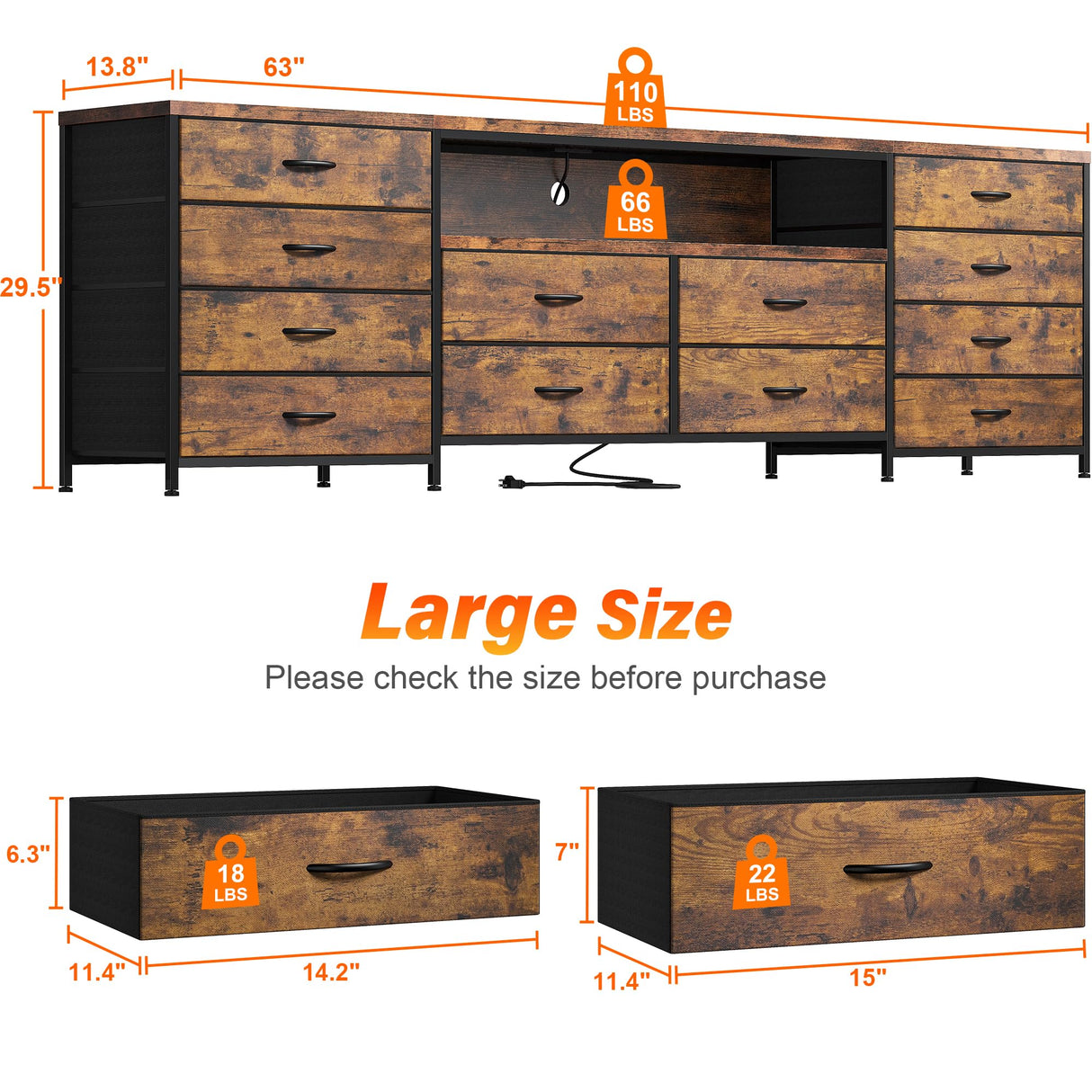 EnHomee Fits 75" TV Stand Dresser for 65 70 75 Inch TV 63" W Dresser TV Stand for Bedroom with LED Lights & Power Outlets & 12 Drawers Dresser for Bedroom Long Fabric Dresser Entertainment Center EnHomee